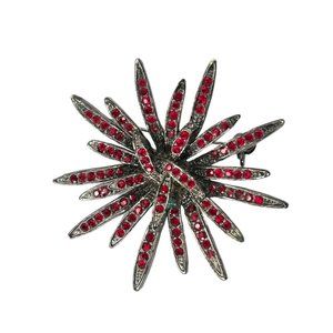 Vintage Red Crystal Silvertone Dramatic Flower Brooch Pin 2" Diameter